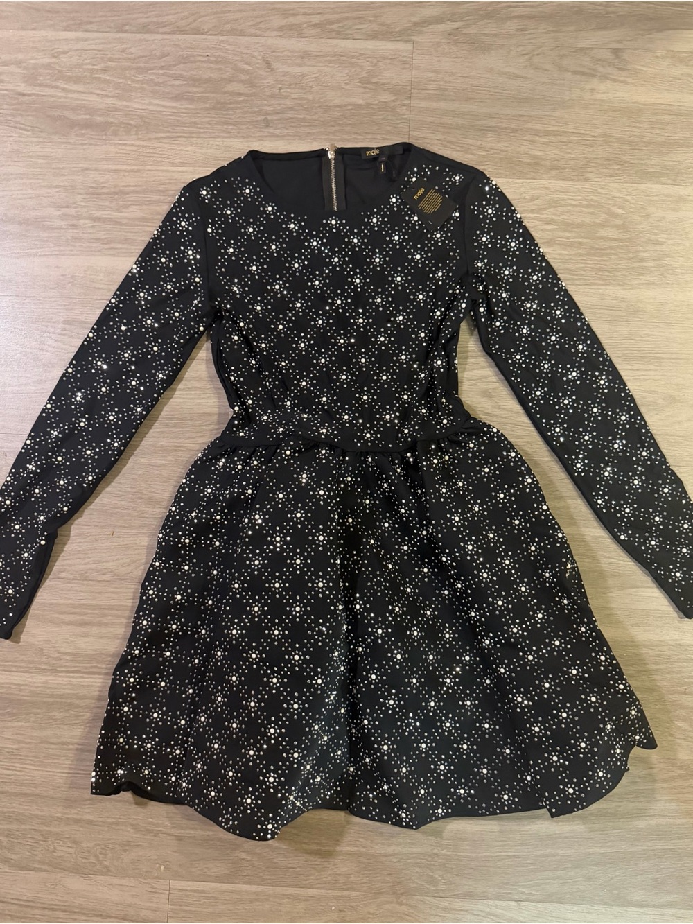 Maje Black & White Star-Print Long-Sleeve Fit-and-Flare Dress